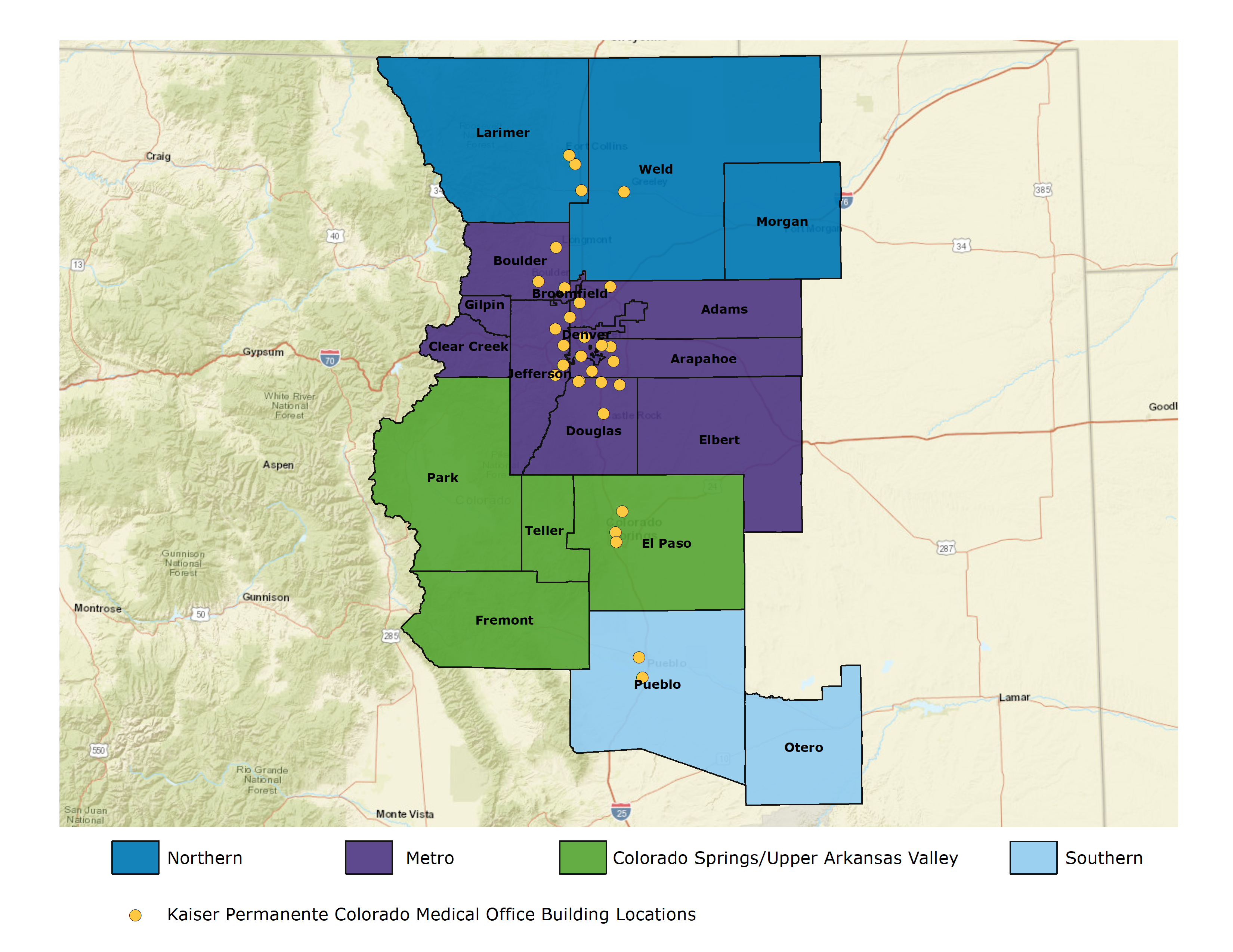 Map 1. Kaiser Permanente Colorado Service Area and Medical Office Building Locations