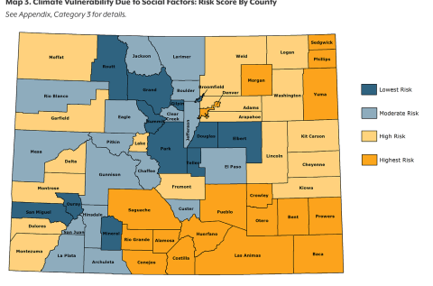 Colorado map showing social risk scores in CHI's Health and Climate Index, with the highest risk in southeastern Colorado and the San Luis Valley